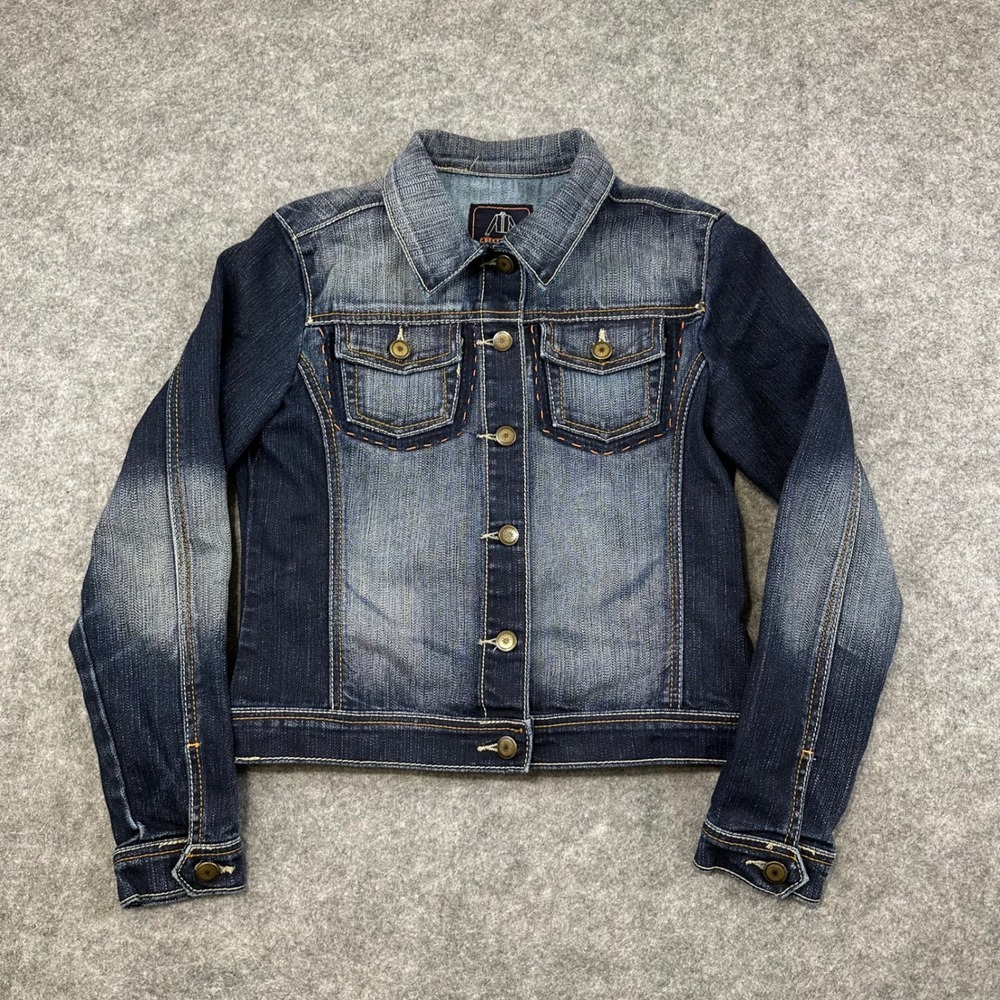 Crest Jeans Denim Jacket Womens Size M‎ Blue Two Tone Faded Stretch Trucker Coat